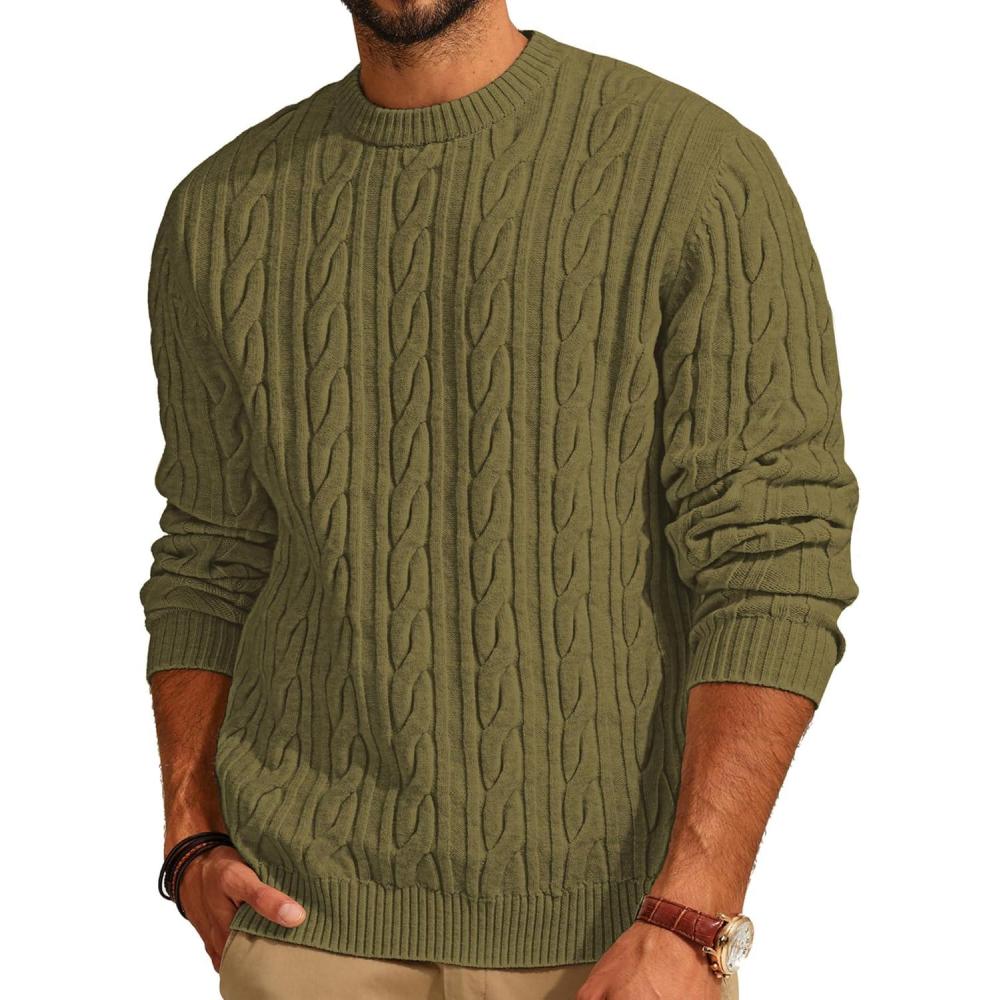 imagePJ PAUL JONES Mens Sweater Crewneck Cable Knit Pullover Sweater Casual Twist Textured SweatersLight Green
