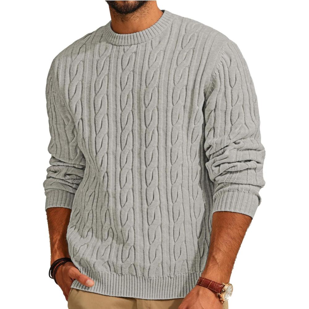 imagePJ PAUL JONES Mens Sweater Crewneck Cable Knit Pullover Sweater Casual Twist Textured SweatersLight Grey