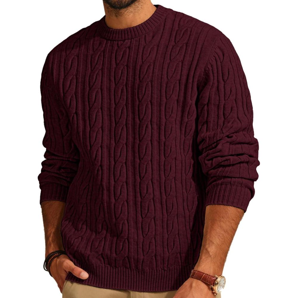 imagePJ PAUL JONES Mens Sweater Crewneck Cable Knit Pullover Sweater Casual Twist Textured SweatersRed