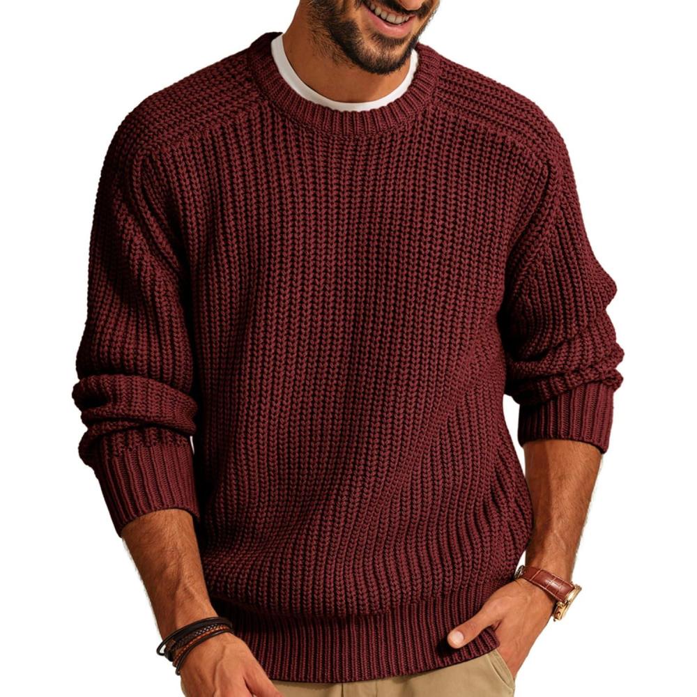 imagePJ PAUL JONES Mens Sweater Crewneck Knit Sweaters Casual Textured Pullover SweaterBurgundy