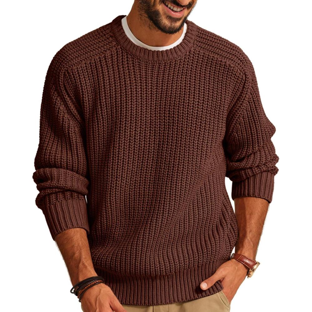 imagePJ PAUL JONES Mens Sweater Crewneck Knit Sweaters Casual Textured Pullover SweaterCoffee