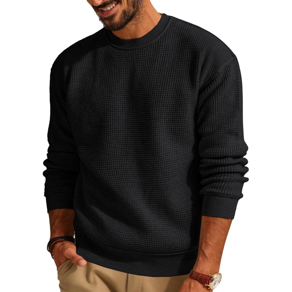 imagePJ PAUL JONES Mens Sweater Crewneck Knit Sweaters Casual Waffle Pullover Sweater for MenBlack