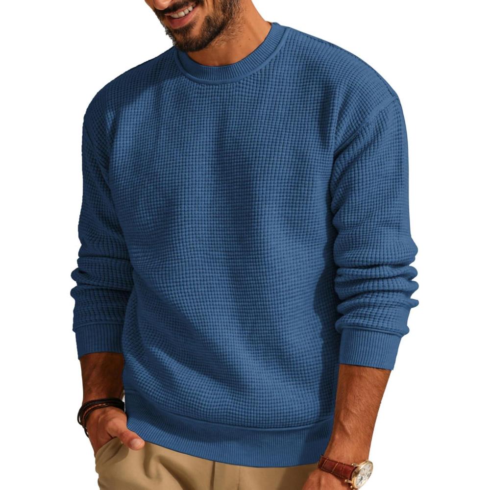 imagePJ PAUL JONES Mens Sweater Crewneck Knit Sweaters Casual Waffle Pullover Sweater for MenBlue
