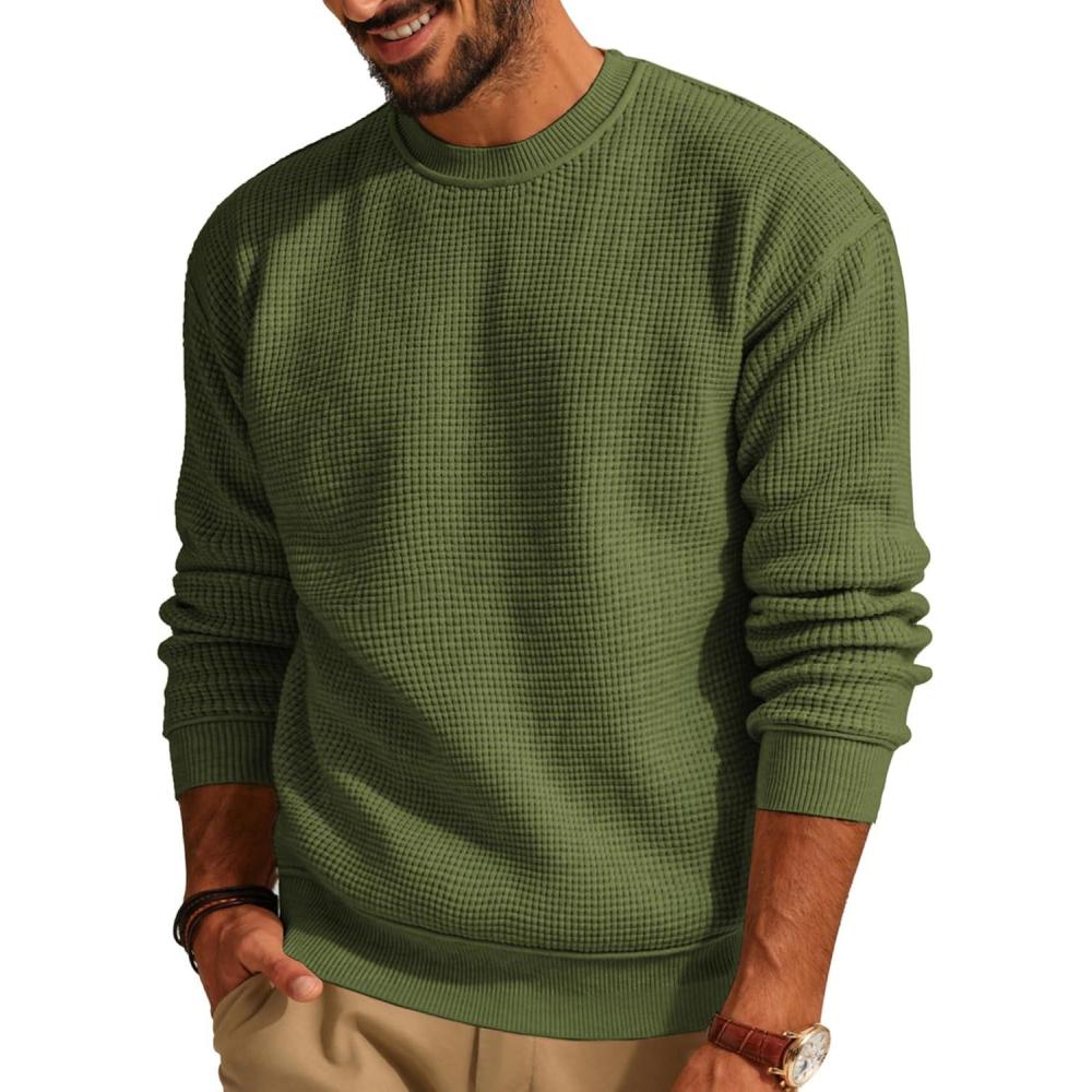 imagePJ PAUL JONES Mens Sweater Crewneck Knit Sweaters Casual Waffle Pullover Sweater for MenGreen