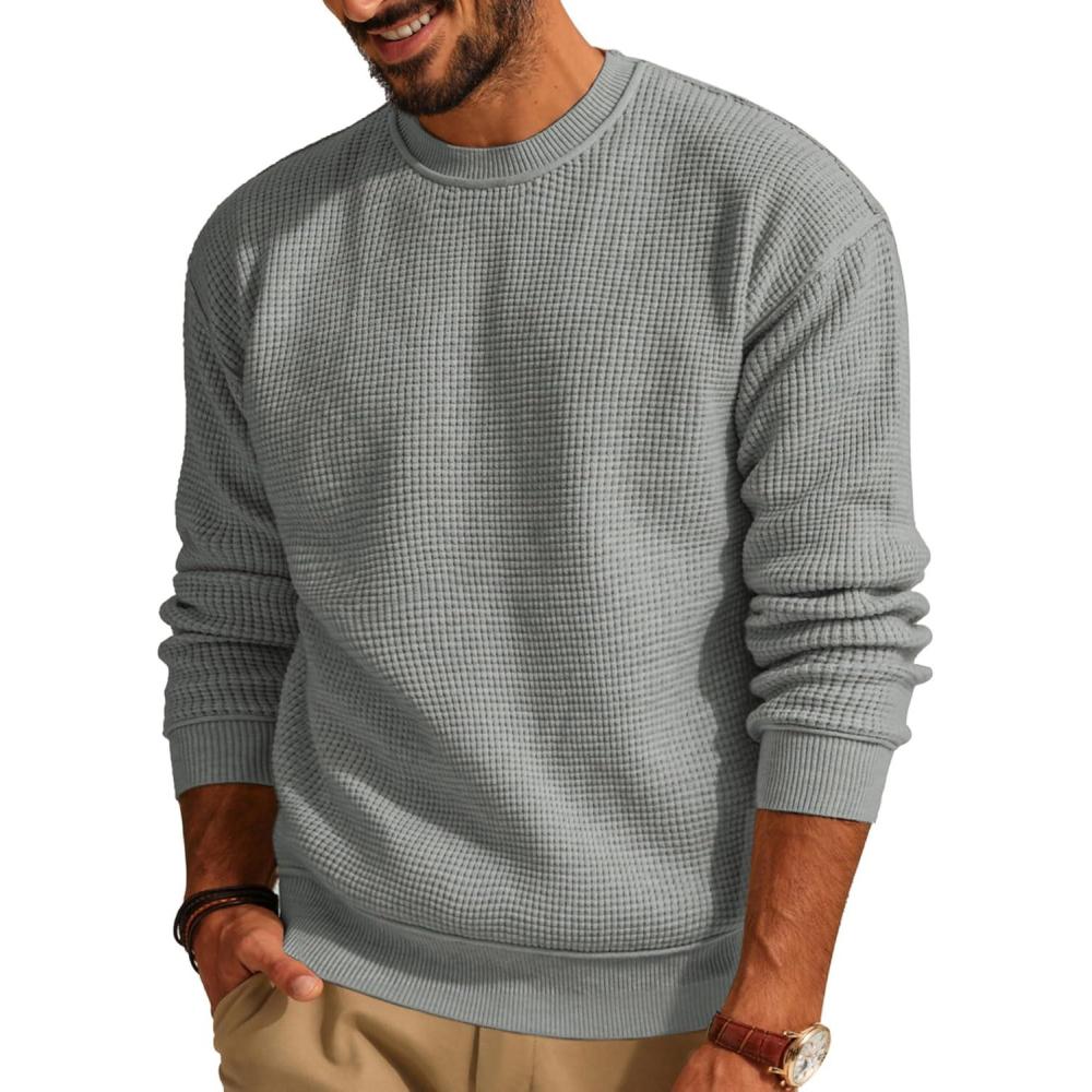 imagePJ PAUL JONES Mens Sweater Crewneck Knit Sweaters Casual Waffle Pullover Sweater for MenLight Gray