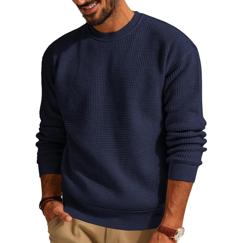 imagePJ PAUL JONES Mens Sweater Crewneck Knit Sweaters Casual Waffle Pullover Sweater for MenNavy Blue