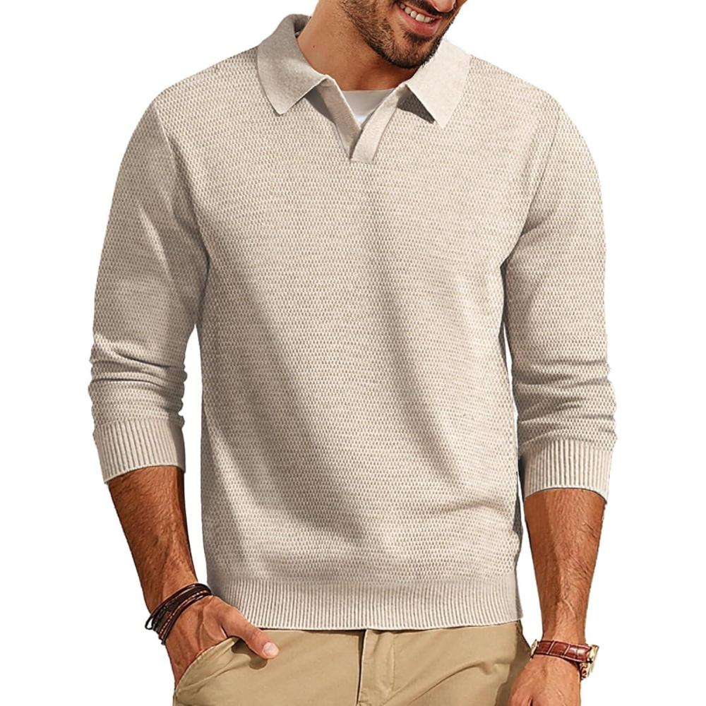 imagePJ PAUL JONES Mens Sweater Long Sleeve V Neck Pullover Sweater Knitted Textured SweaterBeige