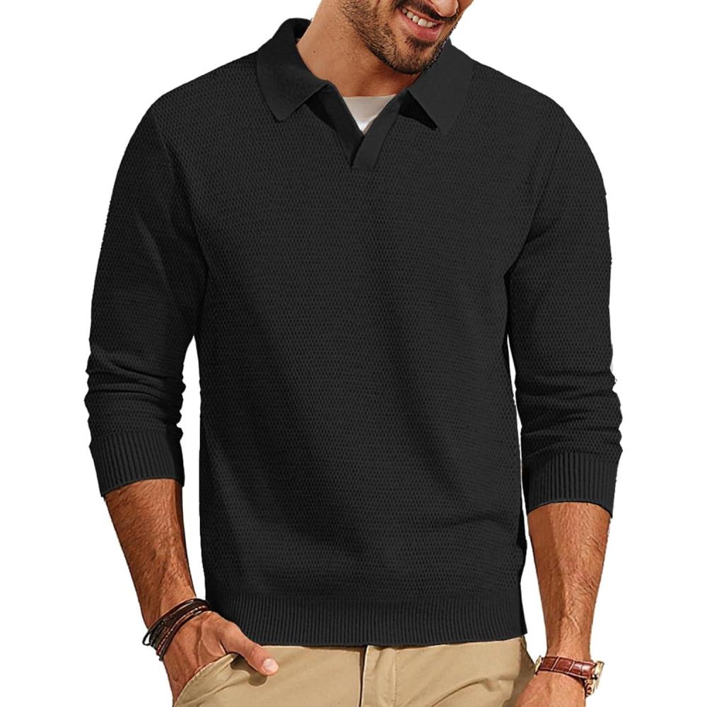 imagePJ PAUL JONES Mens Sweater Long Sleeve V Neck Pullover Sweater Knitted Textured SweaterBlack