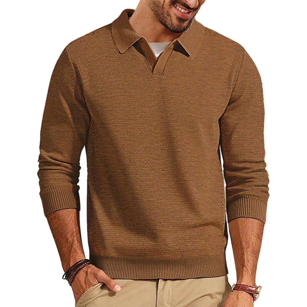 imagePJ PAUL JONES Mens Sweater Long Sleeve V Neck Pullover Sweater Knitted Textured SweaterCoffee