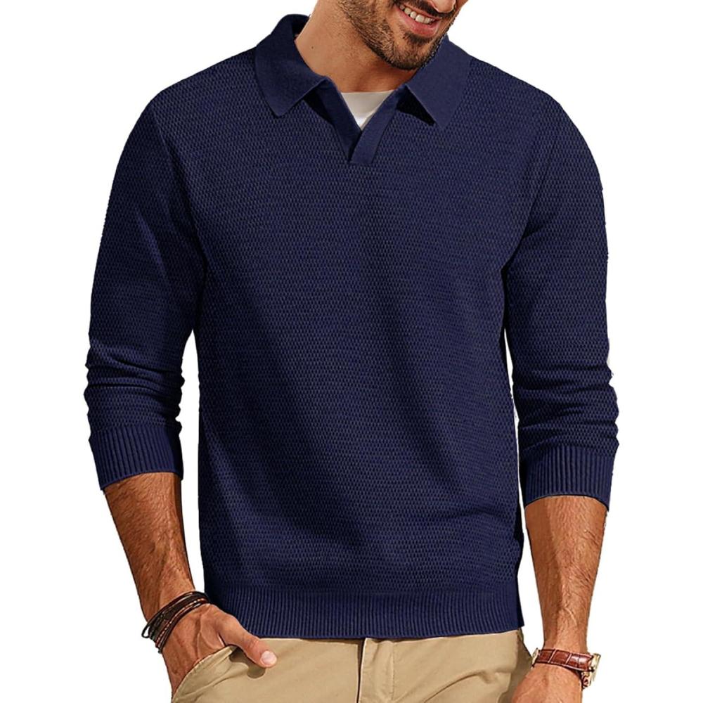 imagePJ PAUL JONES Mens Sweater Long Sleeve V Neck Pullover Sweater Knitted Textured SweaterNavy Blue