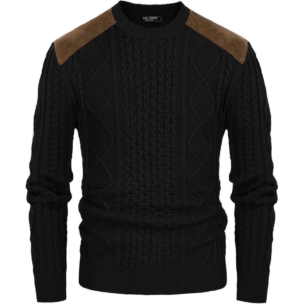 imagePJ PAUL JONES Mens Sweater Military Cable Knit Crewneck Vintage Long Sleeve Pulllover Sweaters with Suede PatchworkBlack
