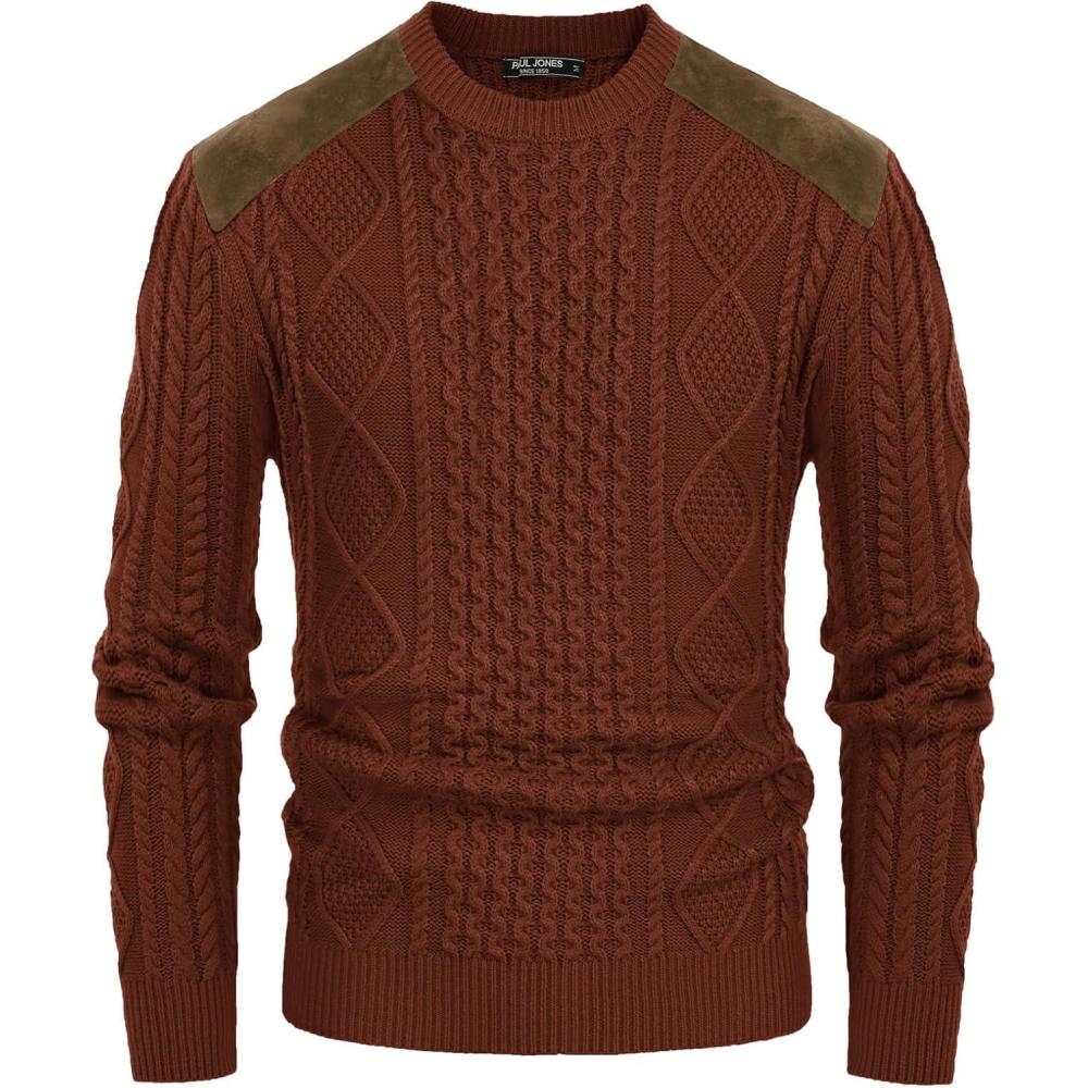 imagePJ PAUL JONES Mens Sweater Military Cable Knit Crewneck Vintage Long Sleeve Pulllover Sweaters with Suede PatchworkBrown