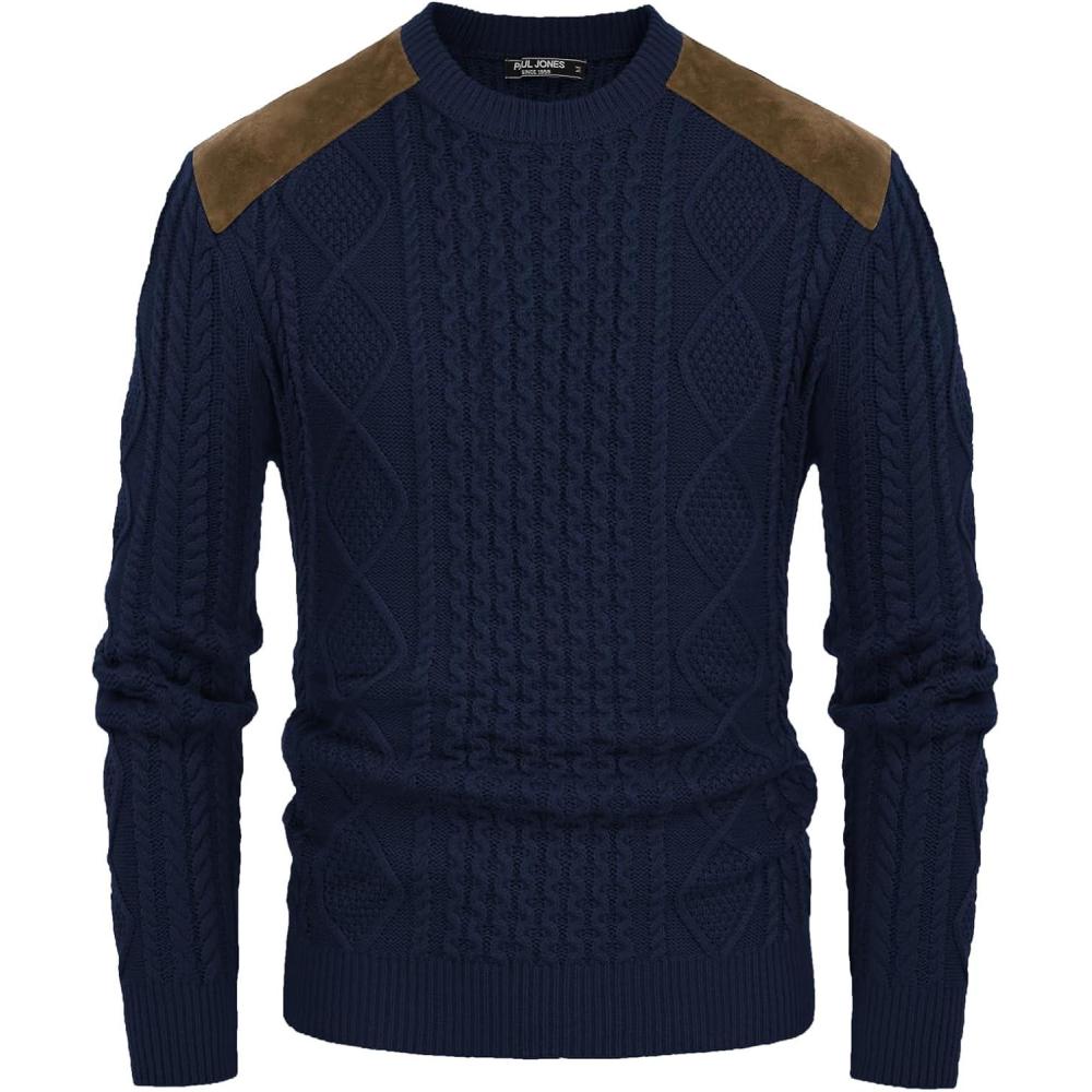imagePJ PAUL JONES Mens Sweater Military Cable Knit Crewneck Vintage Long Sleeve Pulllover Sweaters with Suede PatchworkNavy Blue B