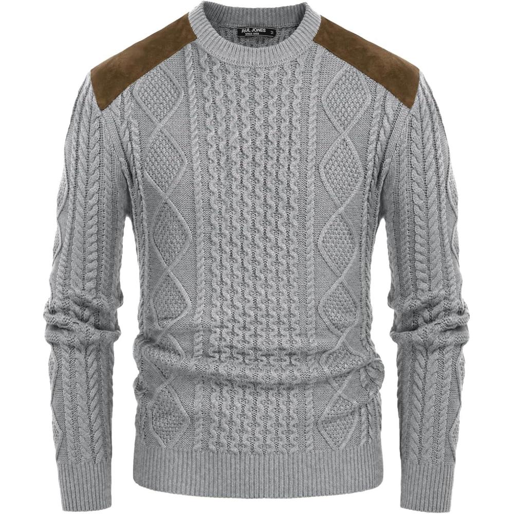 imagePJ PAUL JONES Mens Sweater Military Cable Knit Crewneck Vintage Long Sleeve Pulllover Sweaters with Suede PatchworkSilver Grey
