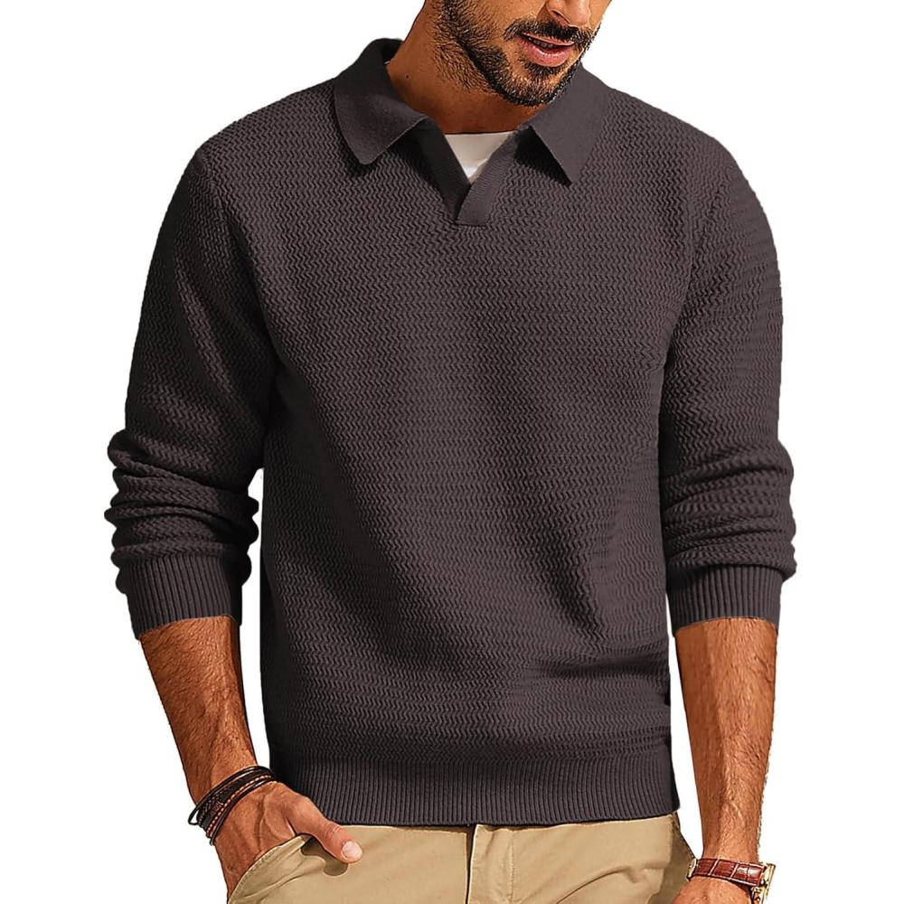 imagePJ PAUL JONES Mens Sweater V Neck Pullover Sweater Long Sleeve Cable Knit Textured SweaterBrown
