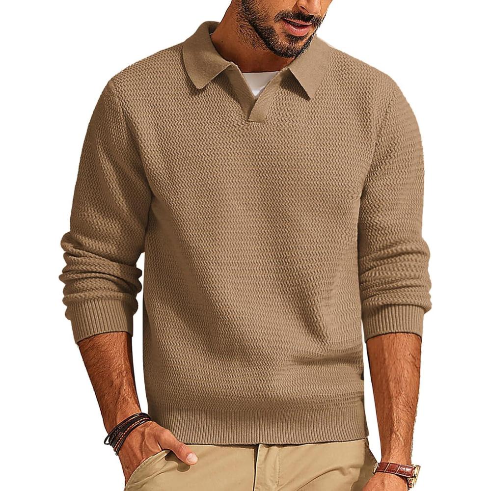 imagePJ PAUL JONES Mens Sweater V Neck Pullover Sweater Long Sleeve Cable Knit Textured SweaterCamel
