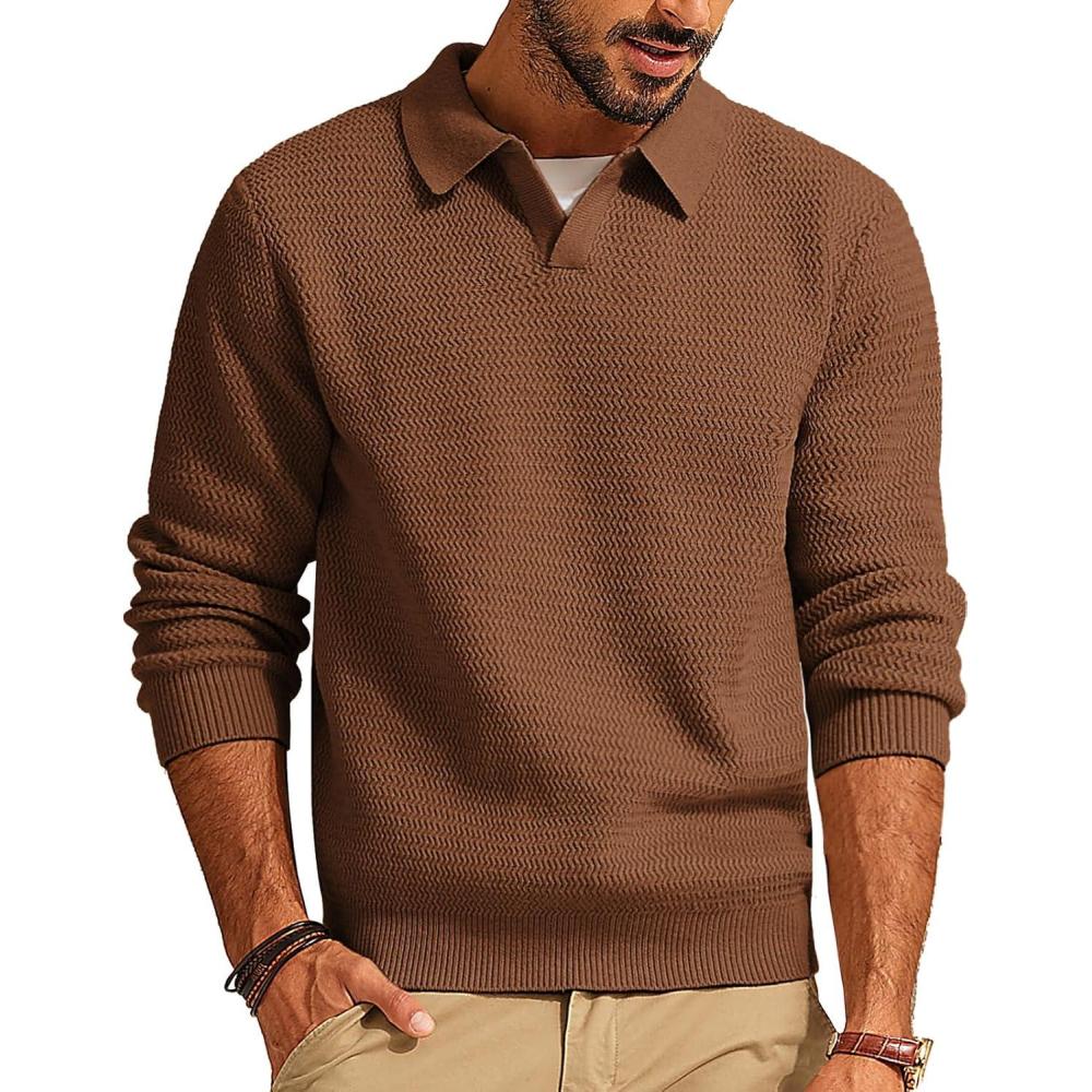 imagePJ PAUL JONES Mens Sweater V Neck Pullover Sweater Long Sleeve Cable Knit Textured SweaterCoffee