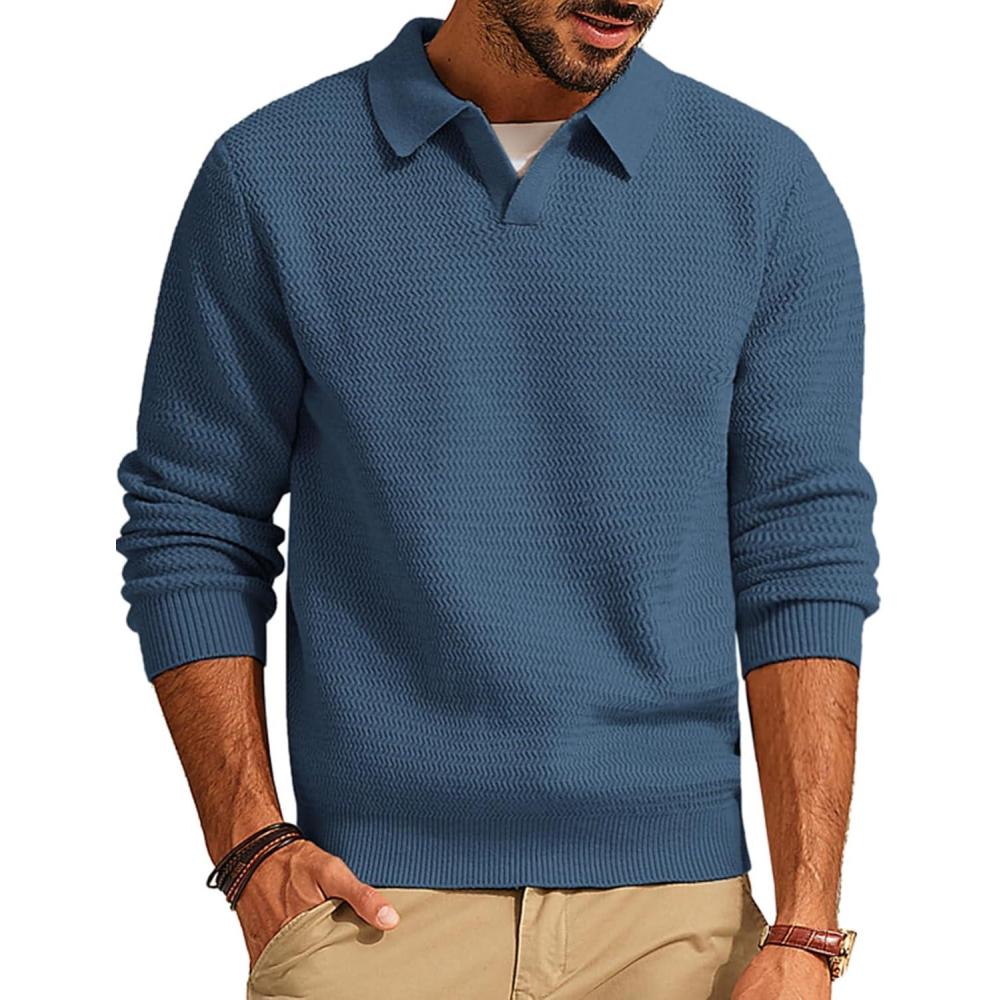 imagePJ PAUL JONES Mens Sweater V Neck Pullover Sweater Long Sleeve Cable Knit Textured SweaterDenim Blue