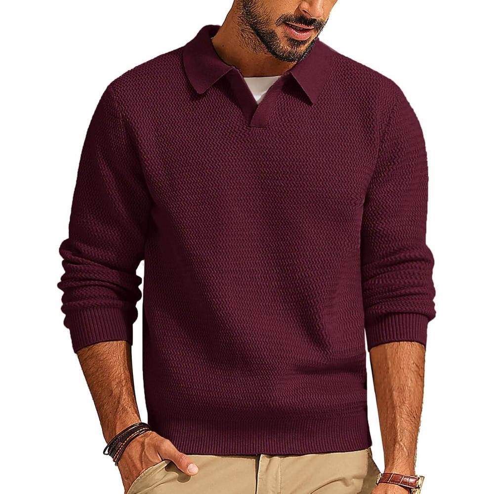 imagePJ PAUL JONES Mens Sweater V Neck Pullover Sweater Long Sleeve Cable Knit Textured SweaterWine