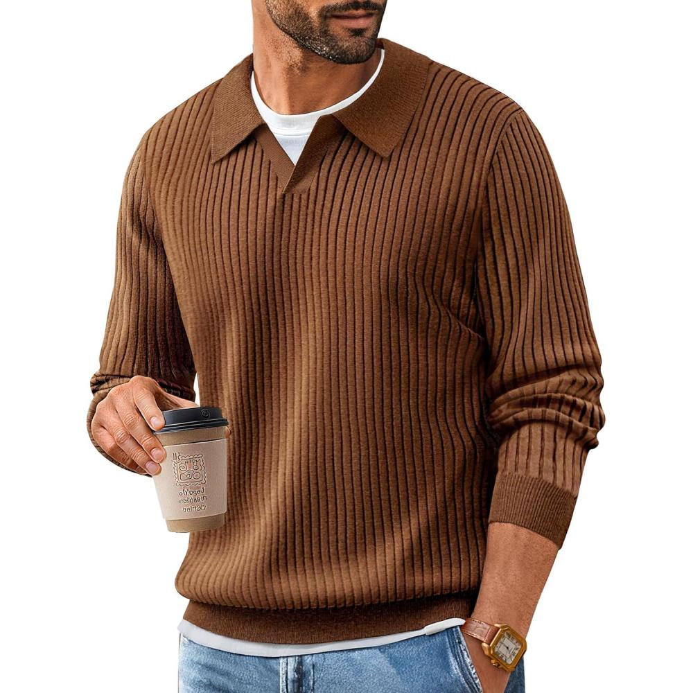 imagePJ PAUL JONES Mens Sweater V Neck Slim Fit Pullover Sweater Ribbed Textured Polo SweatersCoffee