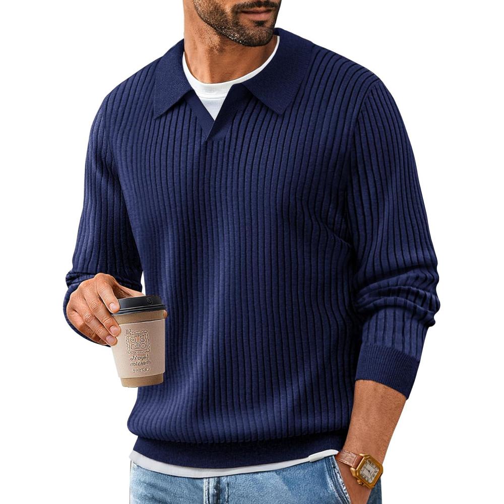 imagePJ PAUL JONES Mens Sweater V Neck Slim Fit Pullover Sweater Ribbed Textured Polo SweatersNavy Blue