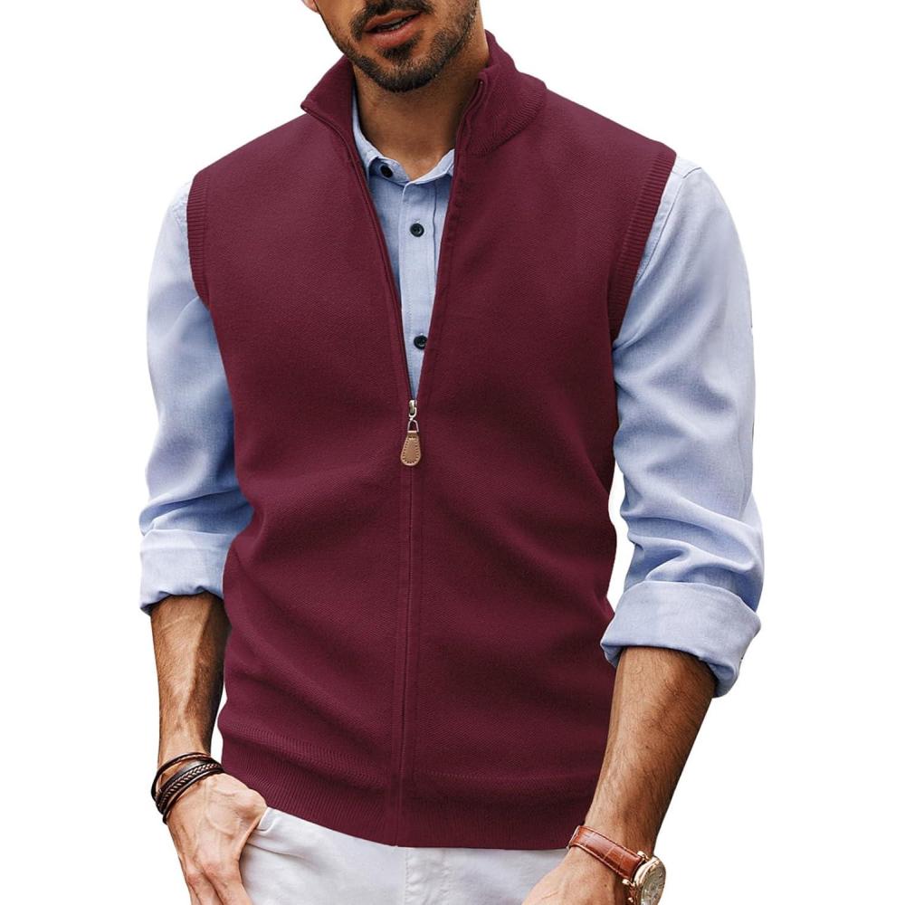 imagePJ PAUL JONES Mens Sweater Vest FullUp Knitted Vests Casual Stand Collar Vests SweaterBurgundy