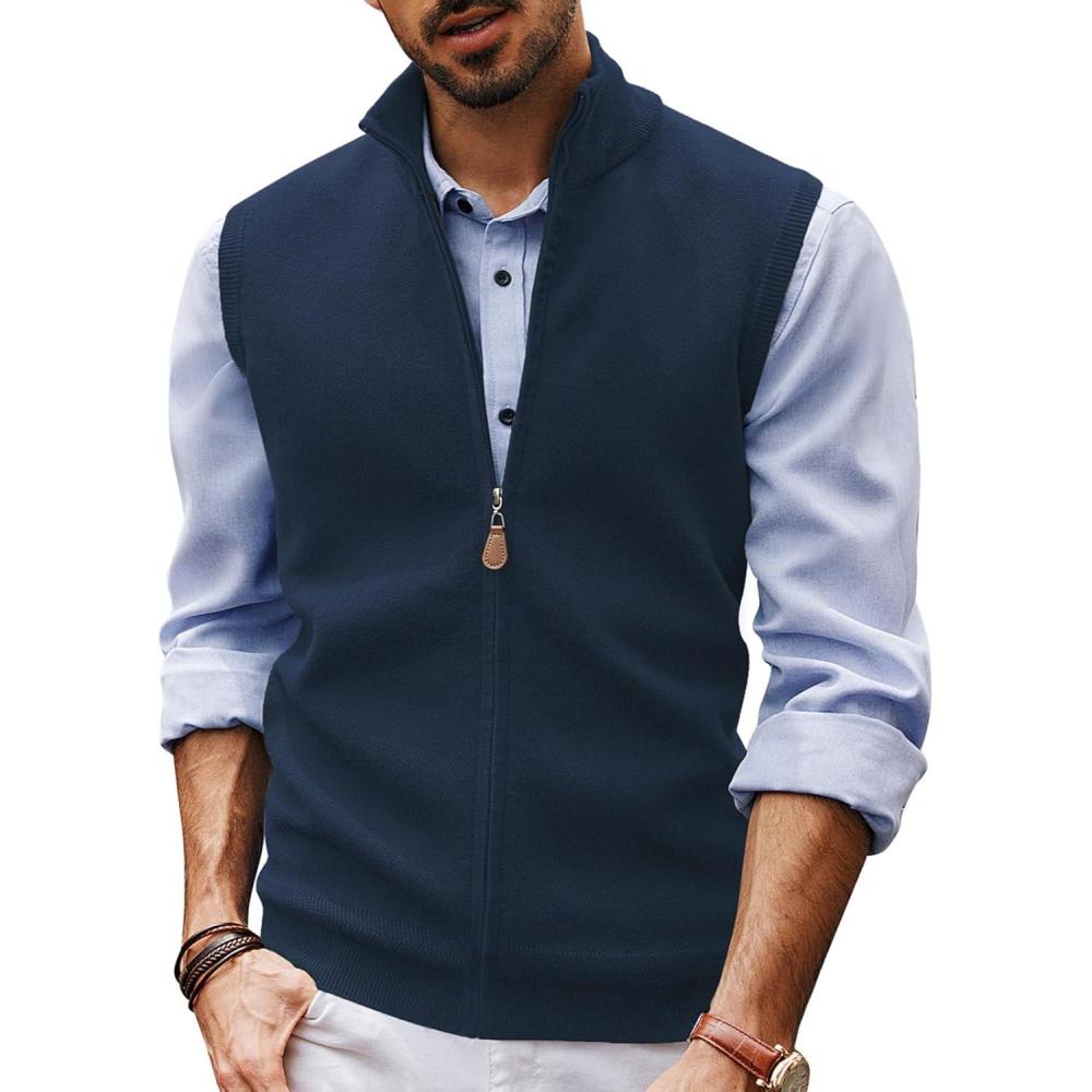 imagePJ PAUL JONES Mens Sweater Vest FullUp Knitted Vests Casual Stand Collar Vests SweaterDark Blue
