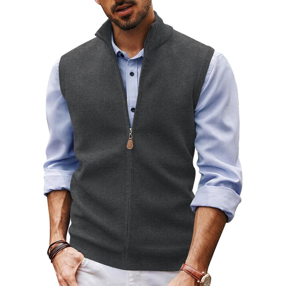imagePJ PAUL JONES Mens Sweater Vest FullUp Knitted Vests Casual Stand Collar Vests SweaterDark Grey