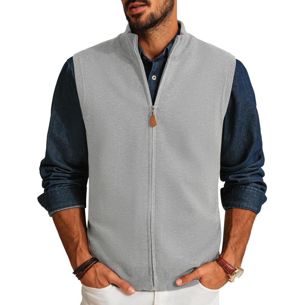 imagePJ PAUL JONES Mens Sweater Vest FullUp Knitted Vests Casual Stand Collar Vests SweaterLight Grey