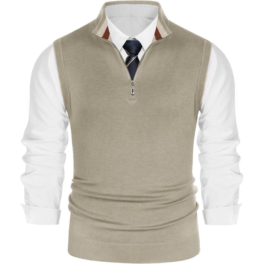 imagePJ PAUL JONES Mens Sweater Vest Quarter Zip Vest Sweater Stand Collar Contrast Stripes Pullover Knitwear VestApricot