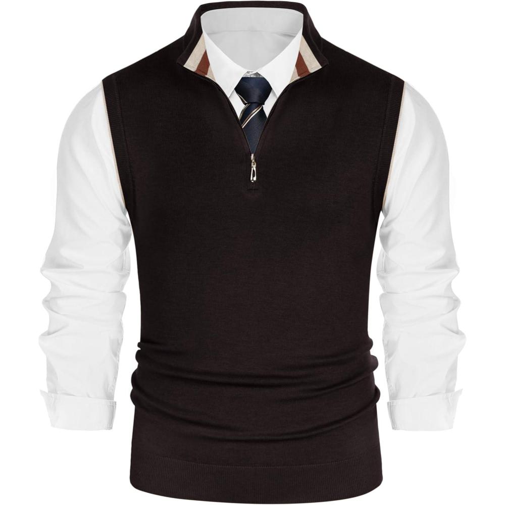 imagePJ PAUL JONES Mens Sweater Vest Quarter Zip Vest Sweater Stand Collar Contrast Stripes Pullover Knitwear VestCoffee