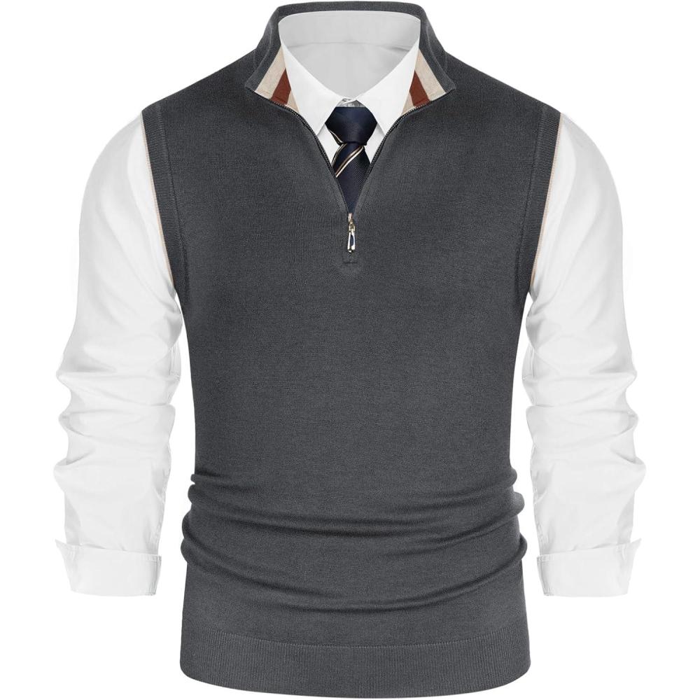 imagePJ PAUL JONES Mens Sweater Vest Quarter Zip Vest Sweater Stand Collar Contrast Stripes Pullover Knitwear VestDrak Grey
