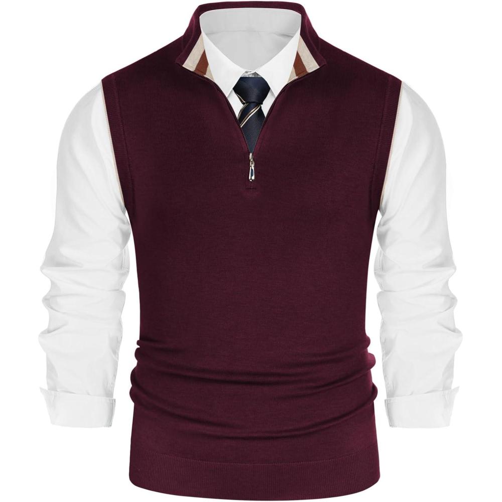 imagePJ PAUL JONES Mens Sweater Vest Quarter Zip Vest Sweater Stand Collar Contrast Stripes Pullover Knitwear VestDrak Red
