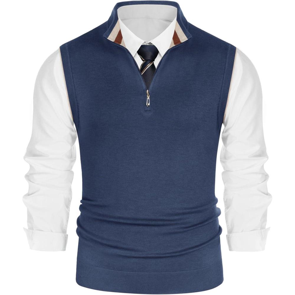 imagePJ PAUL JONES Mens Sweater Vest Quarter Zip Vest Sweater Stand Collar Contrast Stripes Pullover Knitwear VestGrey Blue