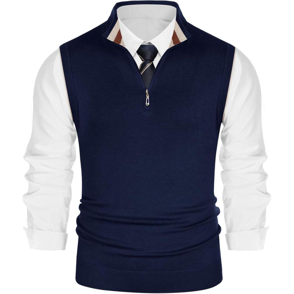 imagePJ PAUL JONES Mens Sweater Vest Quarter Zip Vest Sweater Stand Collar Contrast Stripes Pullover Knitwear VestNavy Blue