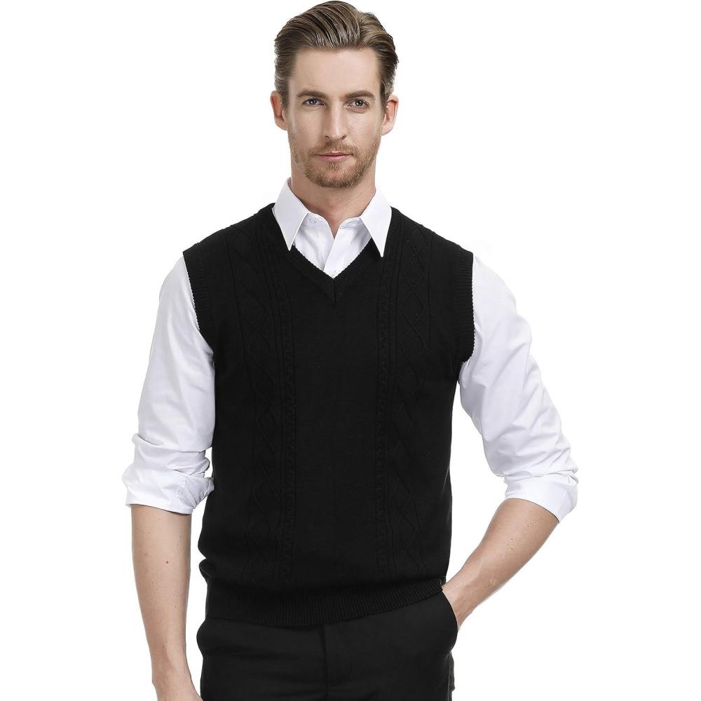 imagePJ PAUL JONES Mens Sweater Vest V Neck Cable Knitted Casual Sleeveless Pullover SweatersBlack
