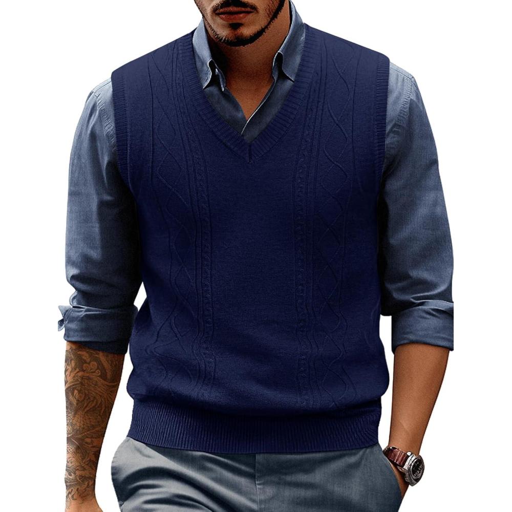 imagePJ PAUL JONES Mens Sweater Vest V Neck Cable Knitted Casual Sleeveless Pullover SweatersBlue