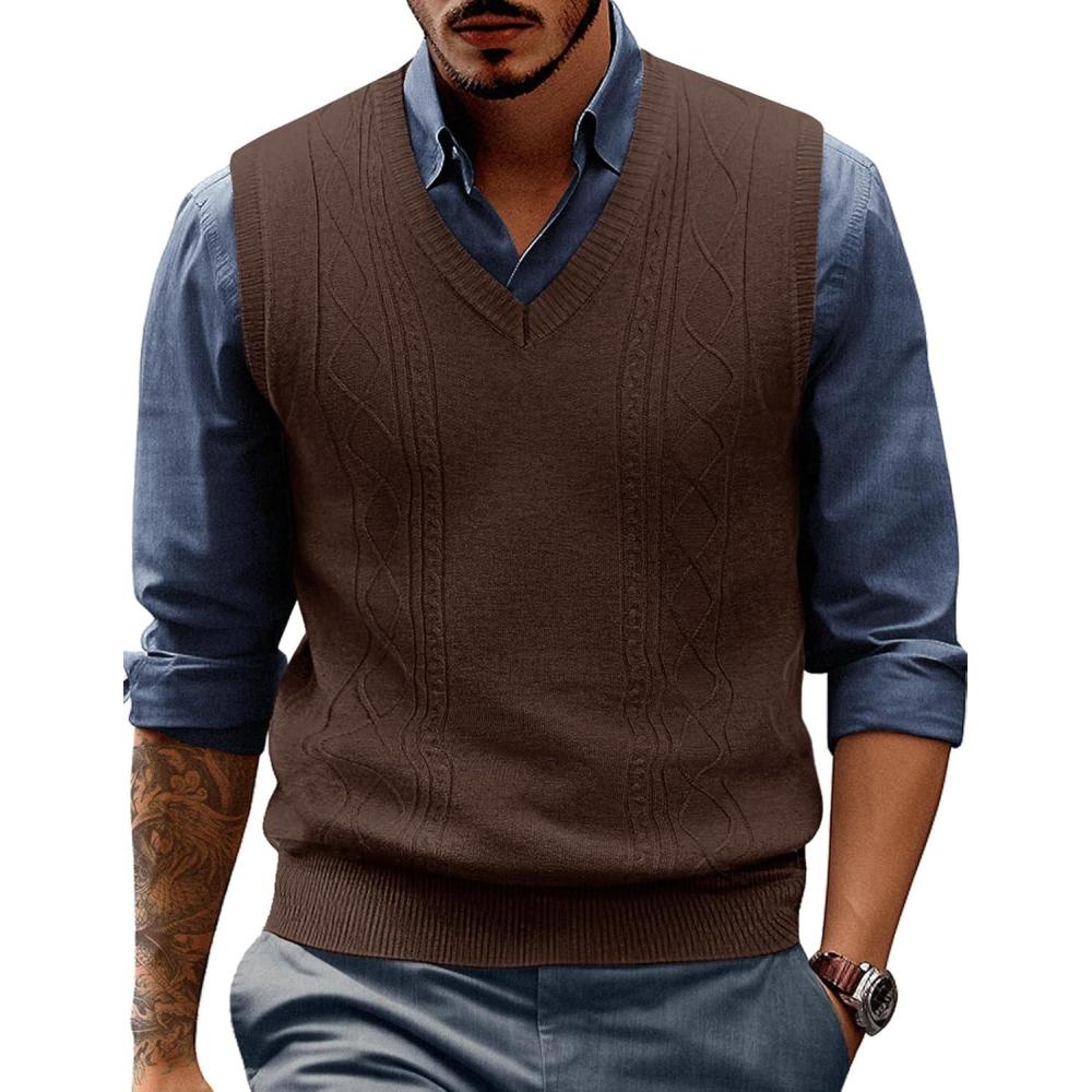 imagePJ PAUL JONES Mens Sweater Vest V Neck Cable Knitted Casual Sleeveless Pullover SweatersCoffee