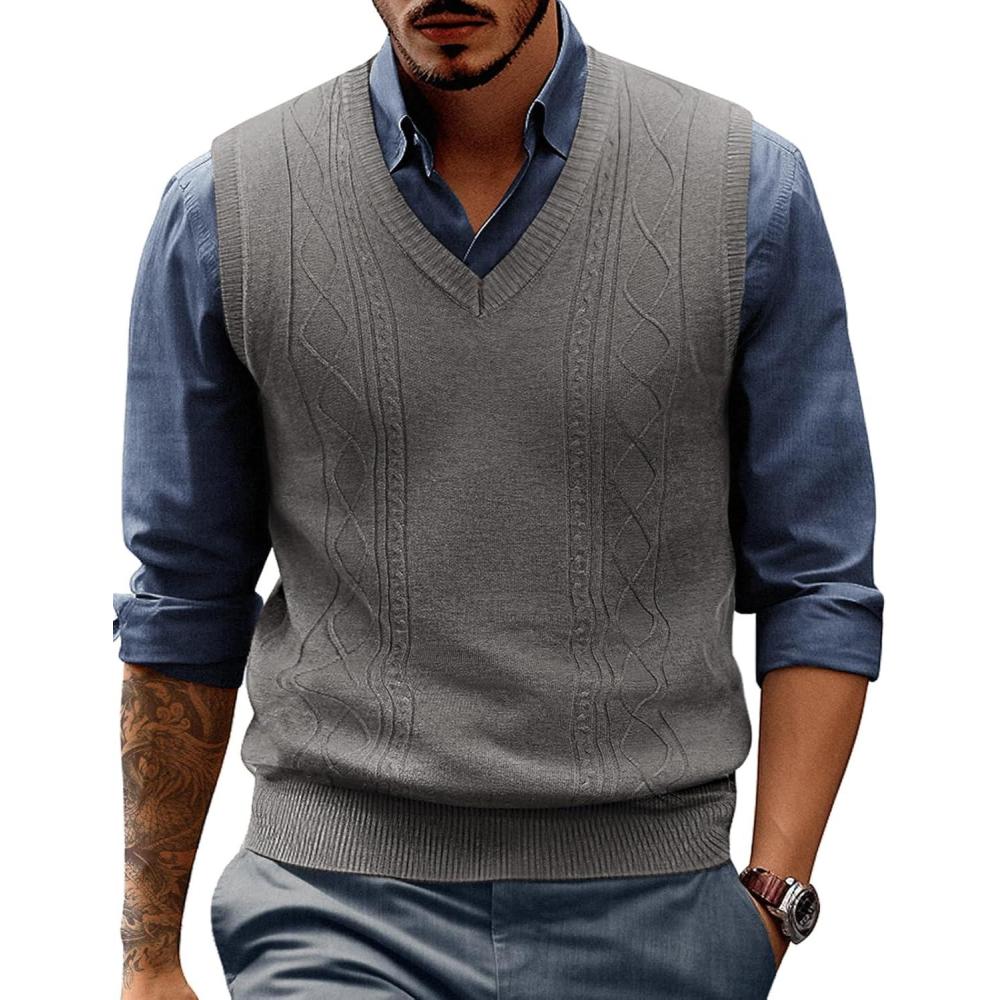 imagePJ PAUL JONES Mens Sweater Vest V Neck Cable Knitted Casual Sleeveless Pullover SweatersDark Grey