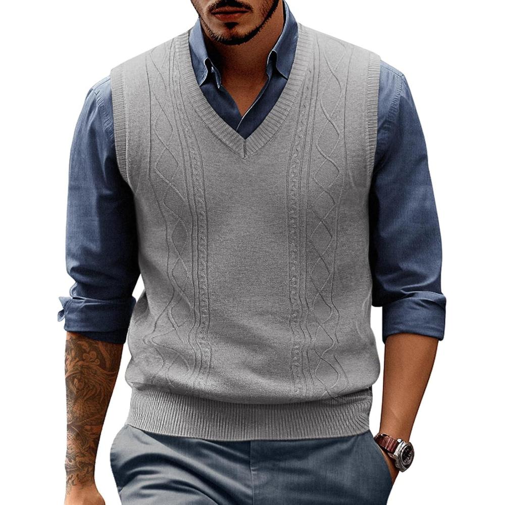 imagePJ PAUL JONES Mens Sweater Vest V Neck Cable Knitted Casual Sleeveless Pullover SweatersGrey