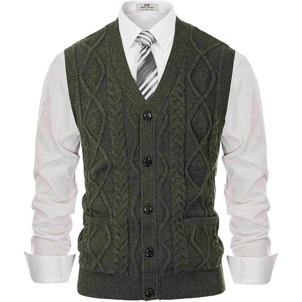 imagePJ PAUL JONES Mens Sweater Vest VNeck Sleeveless Cable Knitted Cardigan VestArmy Green