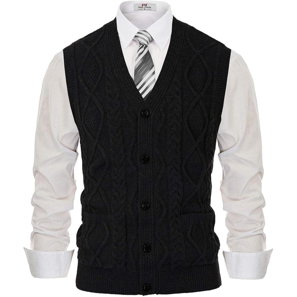 imagePJ PAUL JONES Mens Sweater Vest VNeck Sleeveless Cable Knitted Cardigan VestBlack1