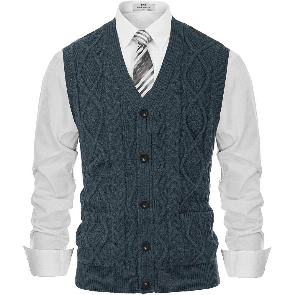 imagePJ PAUL JONES Mens Sweater Vest VNeck Sleeveless Cable Knitted Cardigan VestBlue