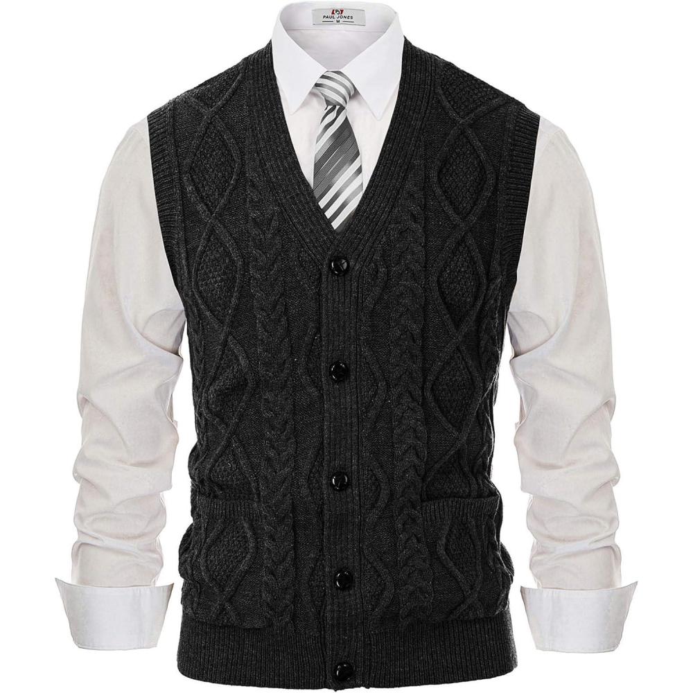 imagePJ PAUL JONES Mens Sweater Vest VNeck Sleeveless Cable Knitted Cardigan VestCharcoal