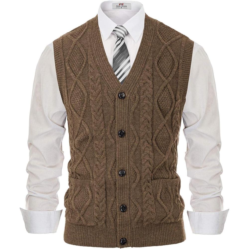 imagePJ PAUL JONES Mens Sweater Vest VNeck Sleeveless Cable Knitted Cardigan VestCoffee