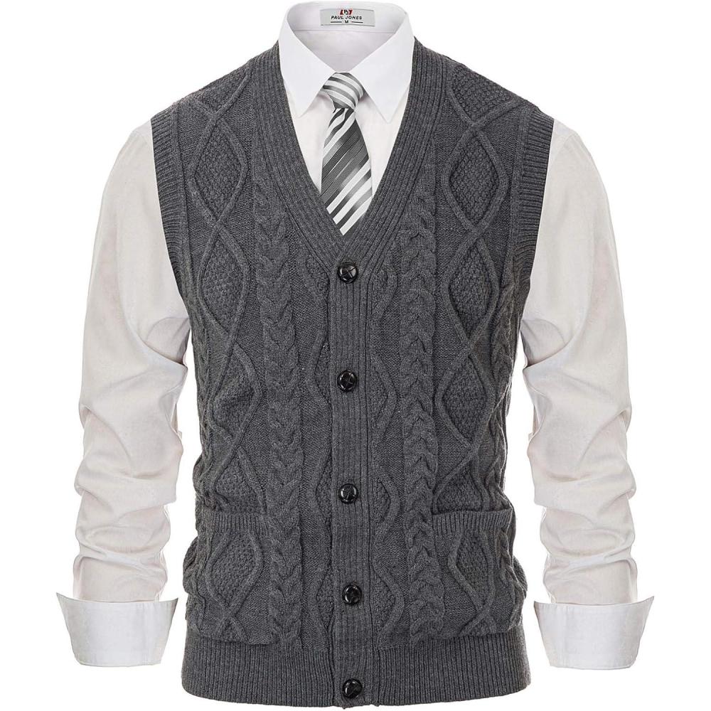 imagePJ PAUL JONES Mens Sweater Vest VNeck Sleeveless Cable Knitted Cardigan VestDark Gray