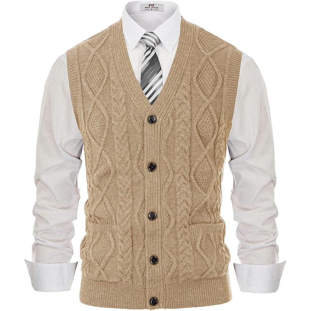 imagePJ PAUL JONES Mens Sweater Vest VNeck Sleeveless Cable Knitted Cardigan VestKhaki