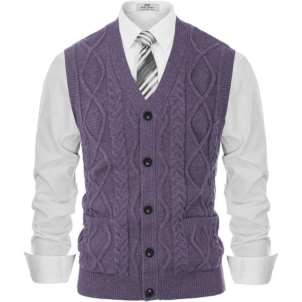imagePJ PAUL JONES Mens Sweater Vest VNeck Sleeveless Cable Knitted Cardigan VestPurple