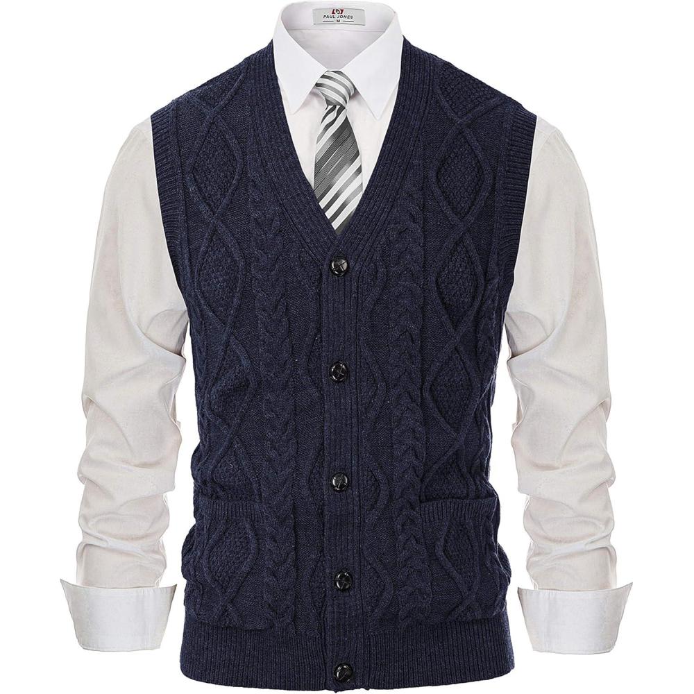 imagePJ PAUL JONES Mens Sweater Vest VNeck Sleeveless Cable Knitted Cardigan VestRoyal Blue