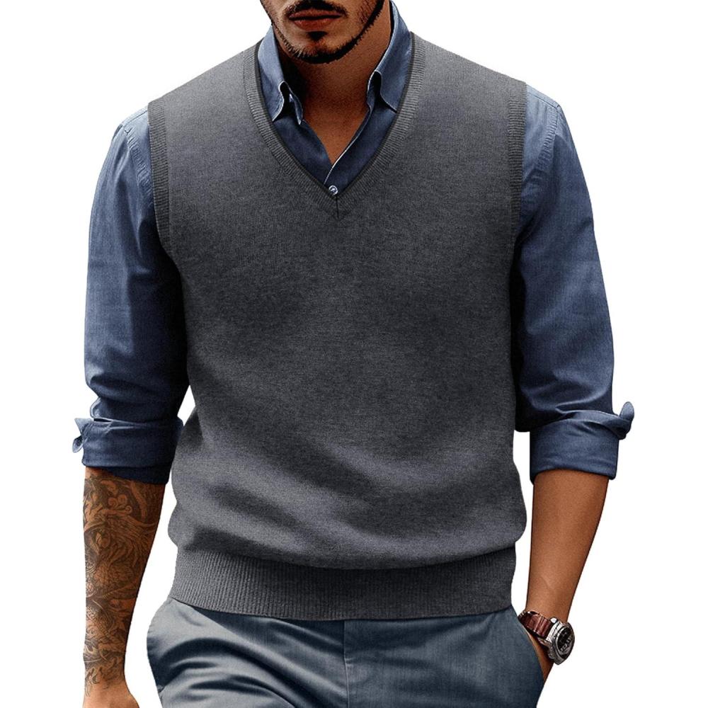 imagePJ PAUL JONES Mens Sweater Vest Wool Blended Knitted Vest Sweaters VNeck Sleeveless Pullover VestsDark Gray